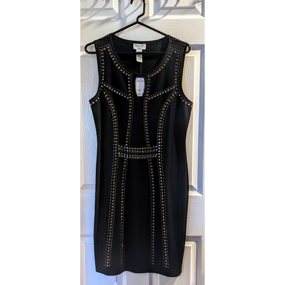🆕WT Carmen Marc Valvo Midnight Navy Ponte Dress With Silver Studs